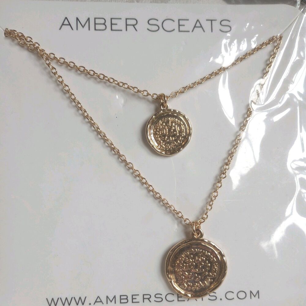 Amber Sceats Double Faux Roman Coin Layered Pendant Necklace Gold Tone New